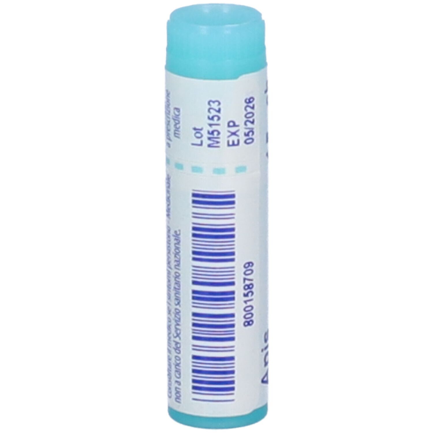 Tubo cilindrico con "Apis mellifica 15 ch". Design turchese e bianco. Codice a barre e altre informazioni.