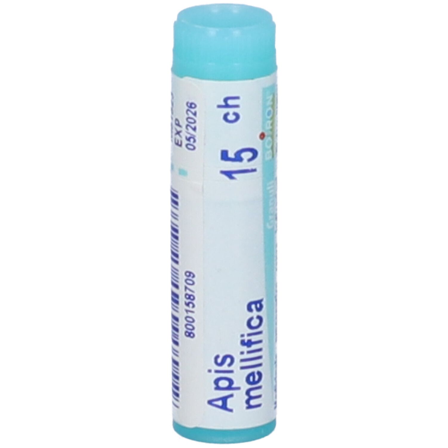 Tubo cilindrico con "Apis mellifica 15 ch". Design turchese e bianco. Scadenza e numero di lotto.