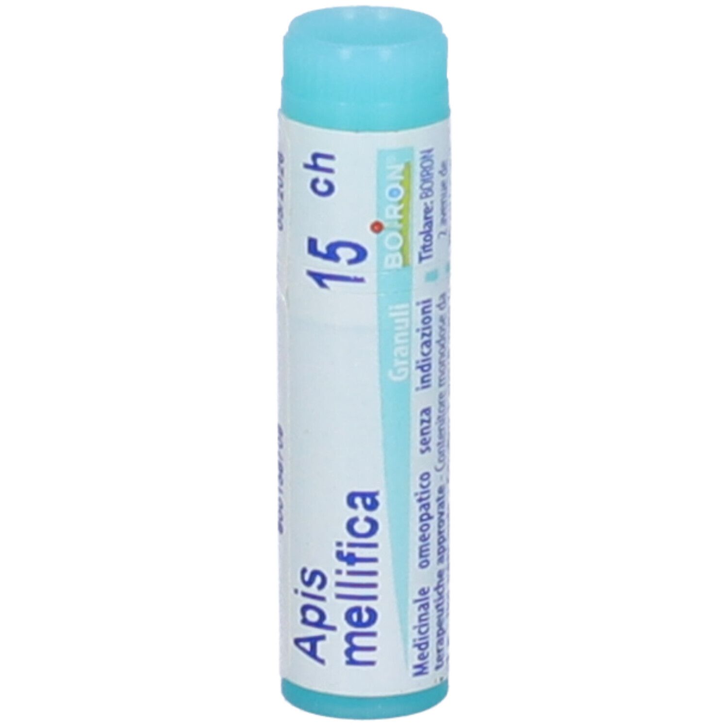 Tubo cilindrico con "Apis mellifica 15 ch" e logo "BOIRON". Design turchese e bianco. Dettagli.