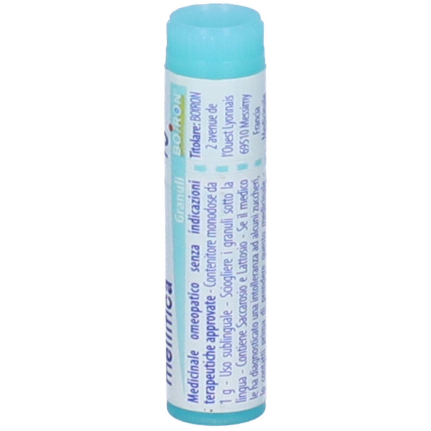 Tubo cilindrico con "Apis mellifica 15 ch" e logo "BOIRON". Design turchese e bianco. Informazioni aggiuntive.