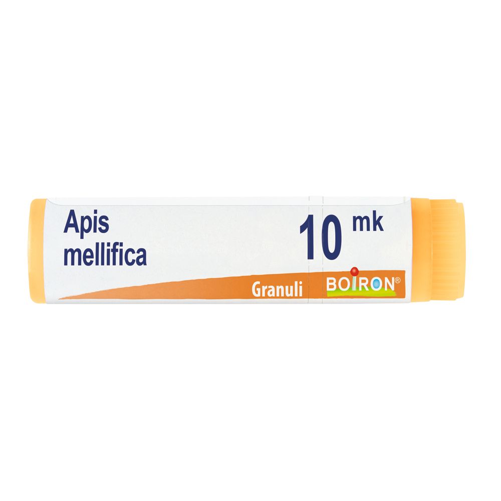 Confezione cilindrica con "Apis mellifica 10 mk" e logo "BOIRON". Estremità arancioni.