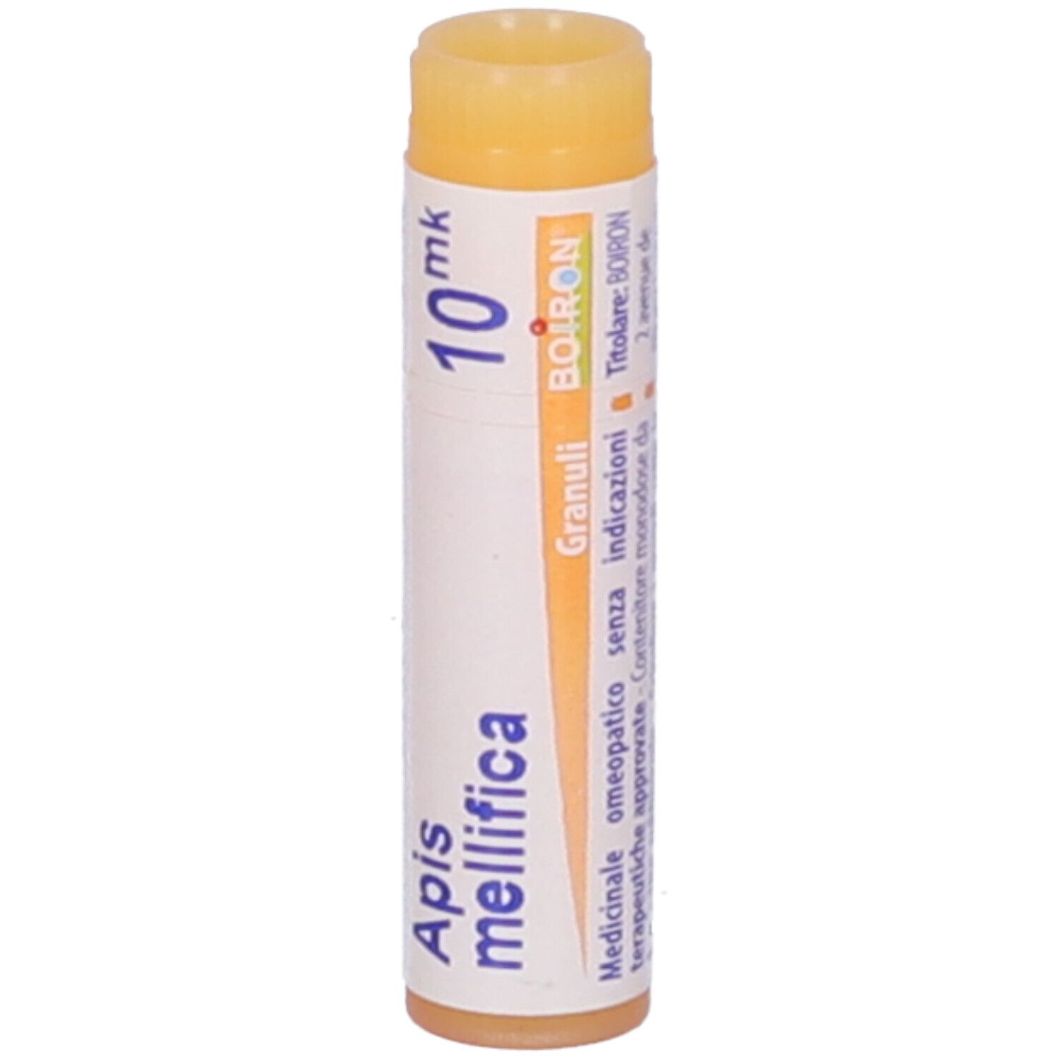 Confezione cilindrica con "Apis mellifica 10 mk" e logo "BOIRON". Testo e dettagli arancioni.