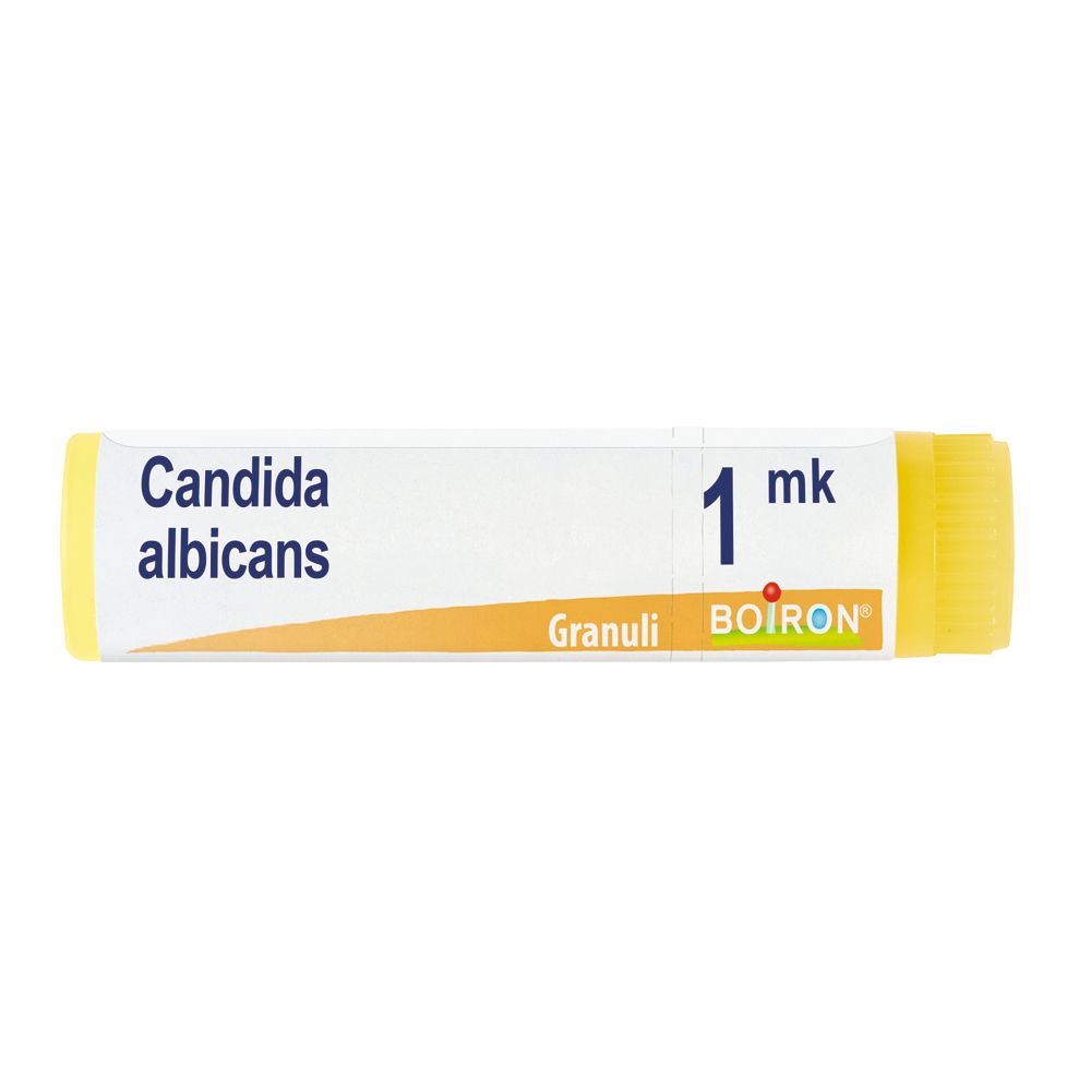 Confezione cilindrica con estremità gialle. Scritta: Candida albicans, 1 mk, Granuli, BOIRON.
