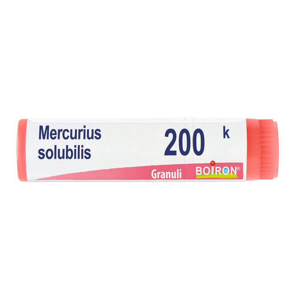 Confezione cilindrica con tappo rosso. Scritta: Mercurius solubilis, 200 K, Granuli, Boiron.