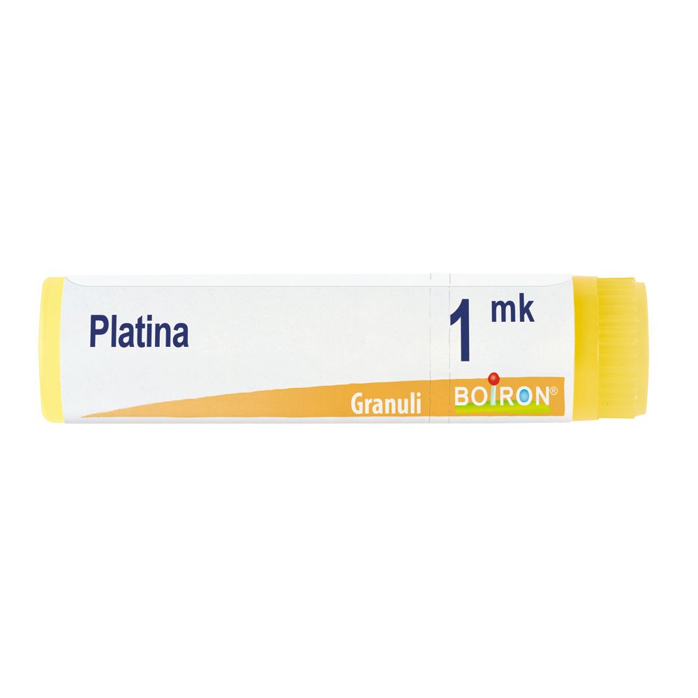 Confezione cilindrica con estremità gialle. Scritta: Platina, 1 mk, Granuli, BOIRON.