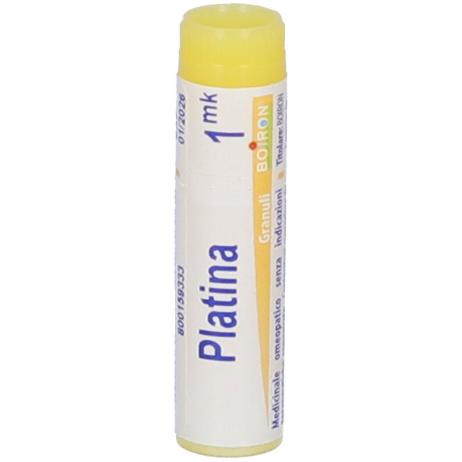 Confezione cilindrica con tappo giallo. Scritta: Platina, 1 mk, BOIRON, Granuli, 01/2026.