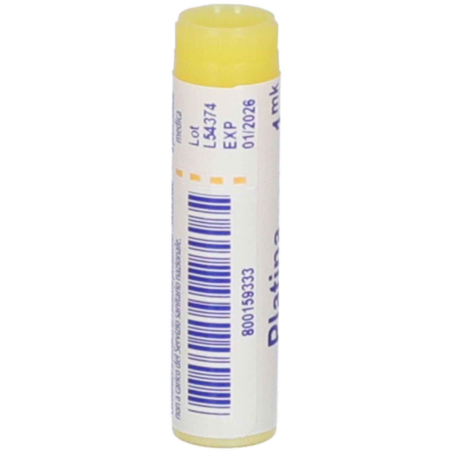 Confezione cilindrica con tappo giallo. Scritta: Platina, 1 mk, 01/2026, codice a barre.