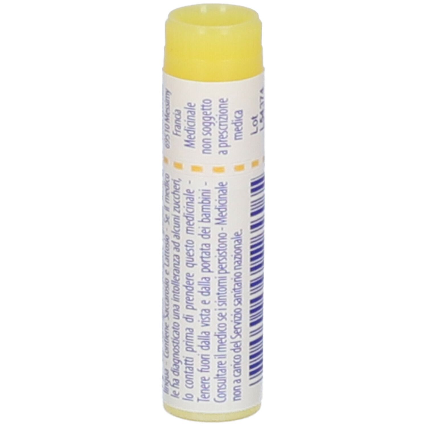 Confezione cilindrica con tappo giallo. Scritta: Platina, 1 mk, informazioni aggiuntive.