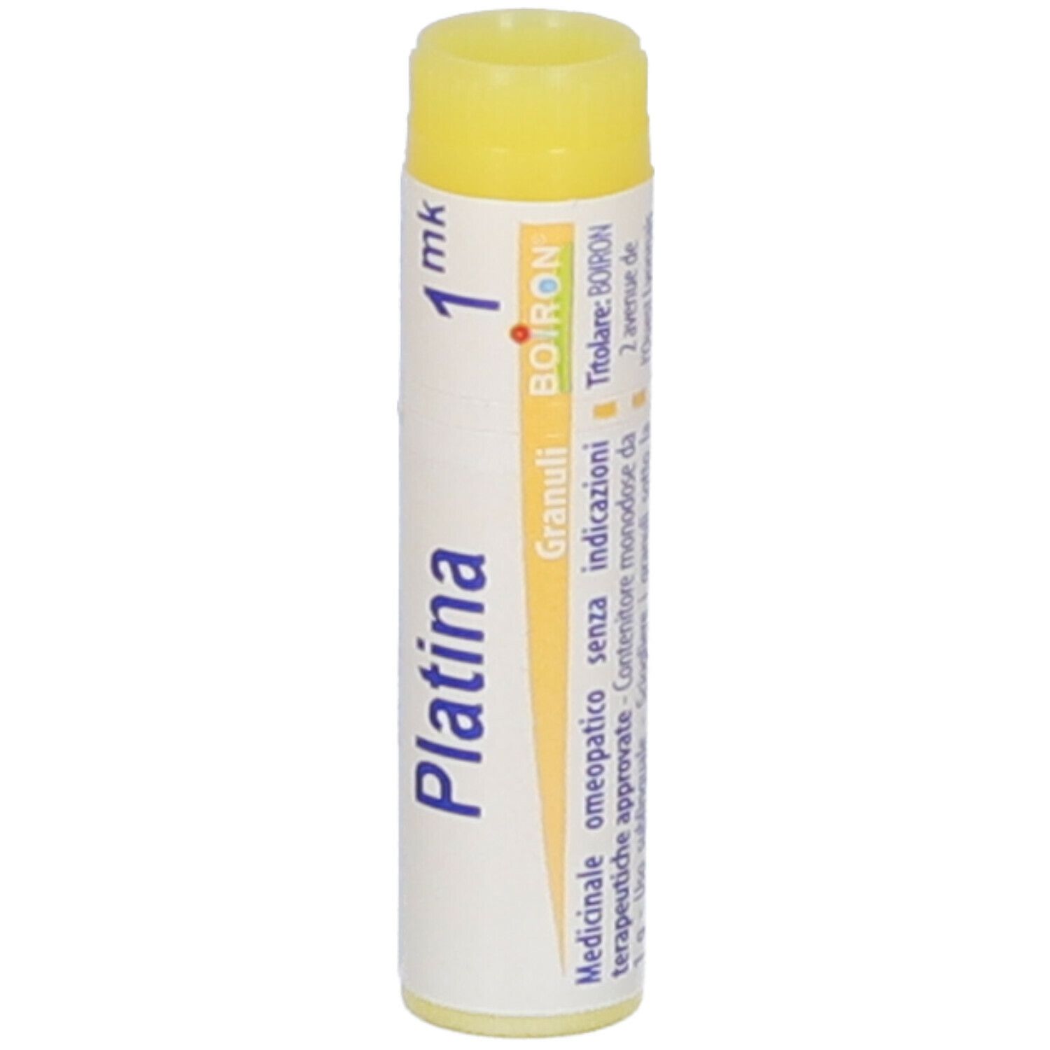 Confezione cilindrica con tappo giallo. Scritta: Platina, 1 mk, BOIRON, Granuli, informazioni aggiuntive.