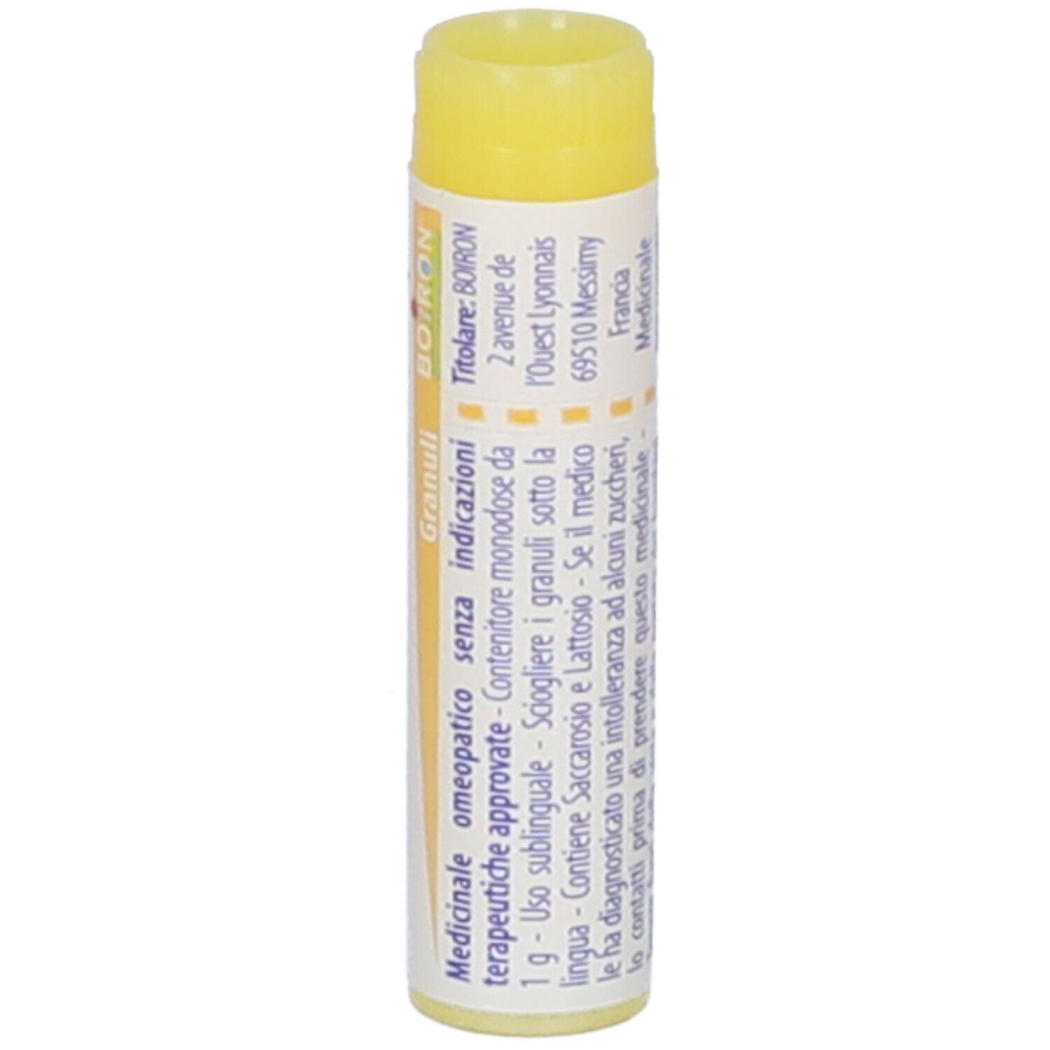 Confezione cilindrica con tappo giallo. Scritta: Platina, 1 mk, BOIRON, Granuli, informazioni aggiuntive.