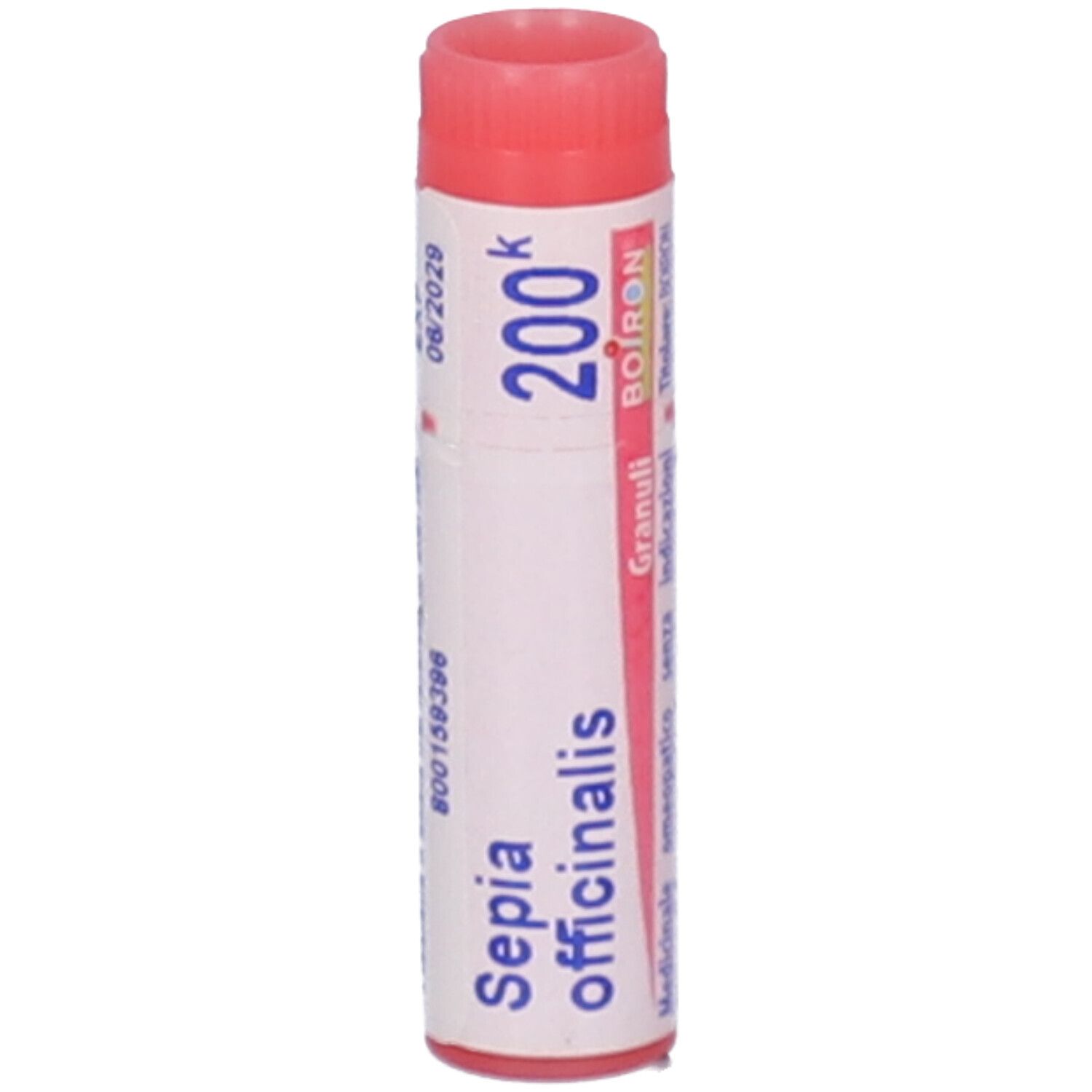 Confezione cilindrica con tappo rosso. Scritta: Sepia officinalis, 200k, BOIRON, Granuli. Scadenza 06/2029.