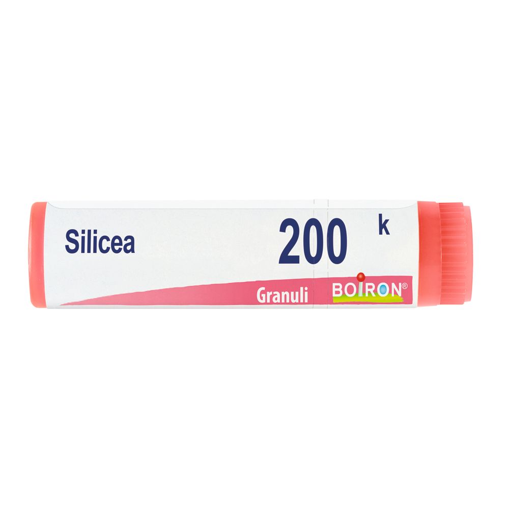 Confezione cilindrica con tappo rosso. Scritta: Silicea 200 K, Granuli, BOIRON. Etichetta bianca.