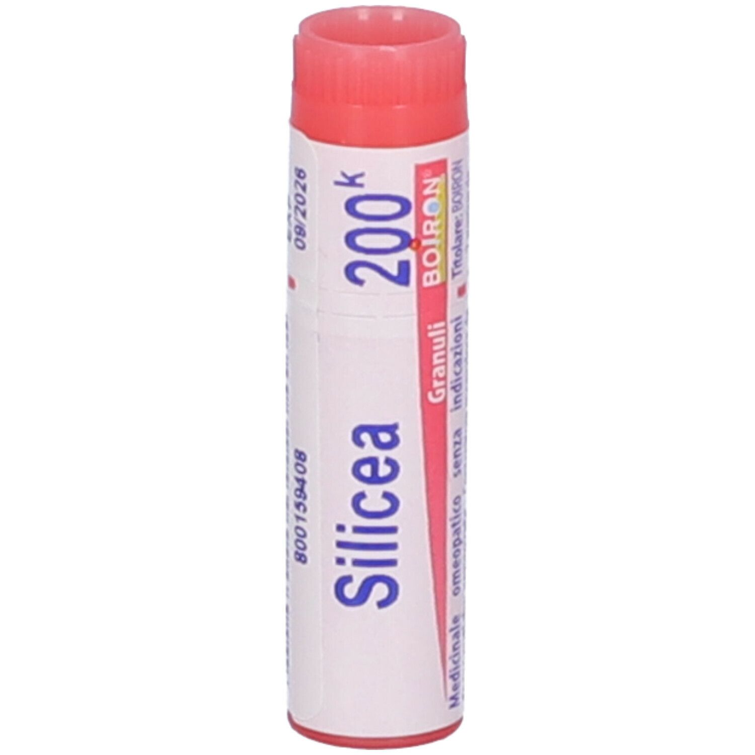 Confezione cilindrica, tappo rosso. Scritta: Silicea 200k, 09/2026, BOIRON. Etichetta bianca.