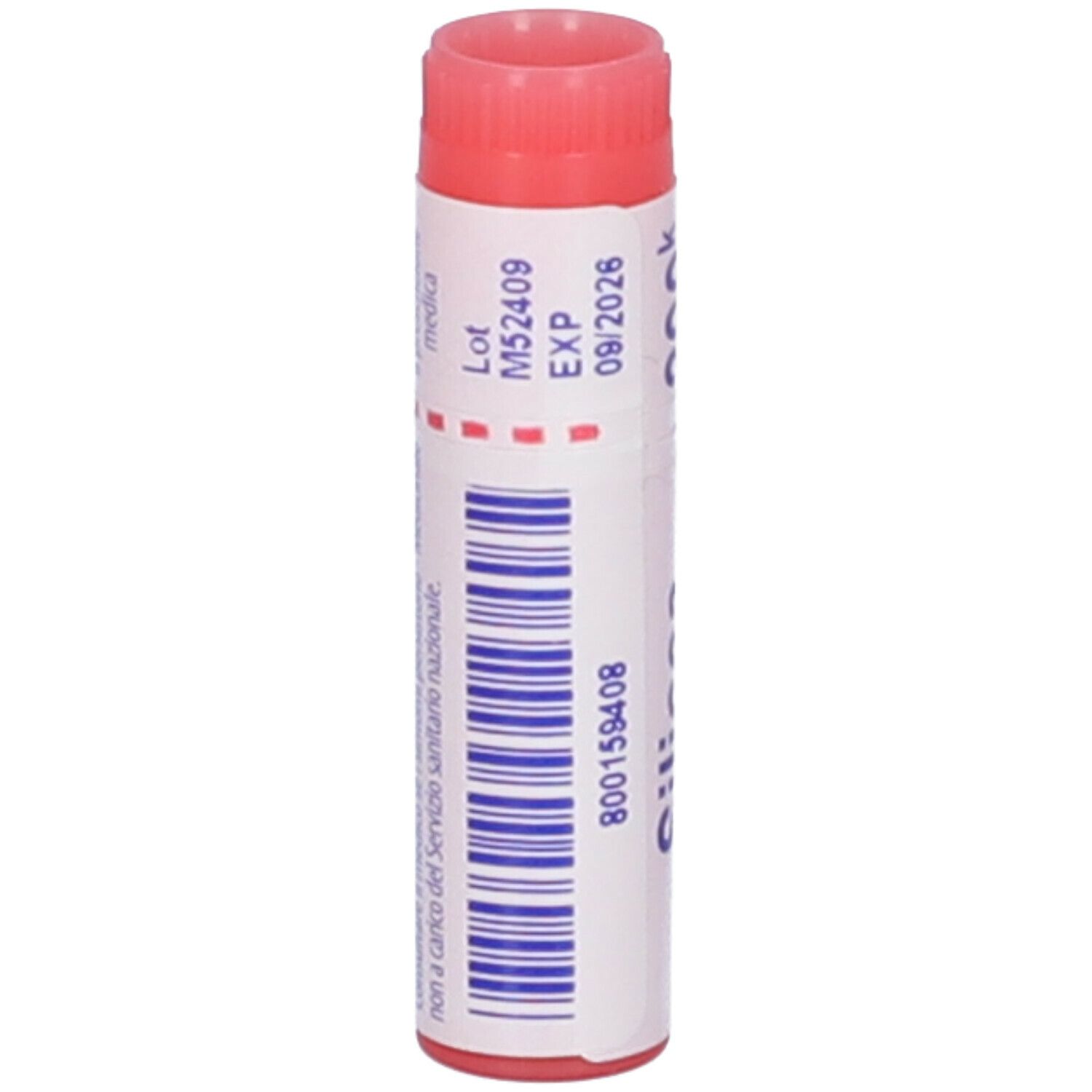 Confezione cilindrica, tappo rosso. Codice a barre e testo su etichetta bianca. Scritta: Silicea.