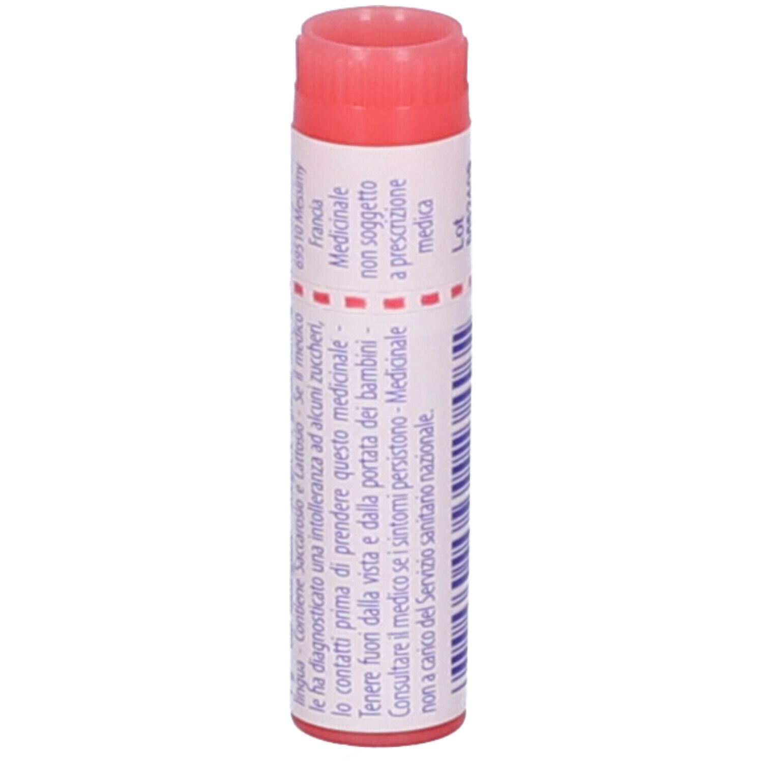 Confezione cilindrica, tappo rosso. Testo su etichetta bianca. Scritta: Silicea. Medicinale.