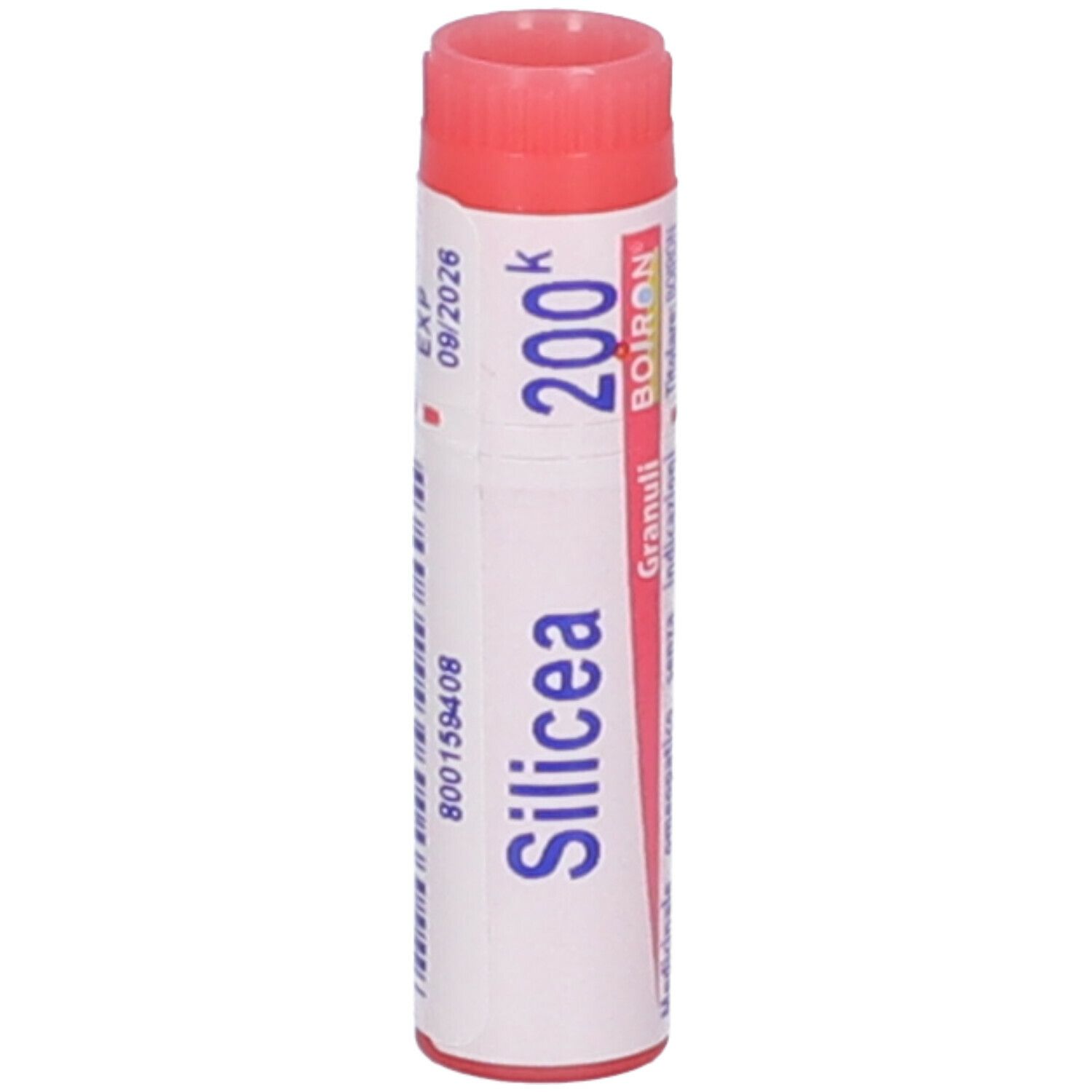 Confezione cilindrica, tappo rosso. Scritta: Silicea 200k, 09/2026, BOIRON. Etichetta bianca.