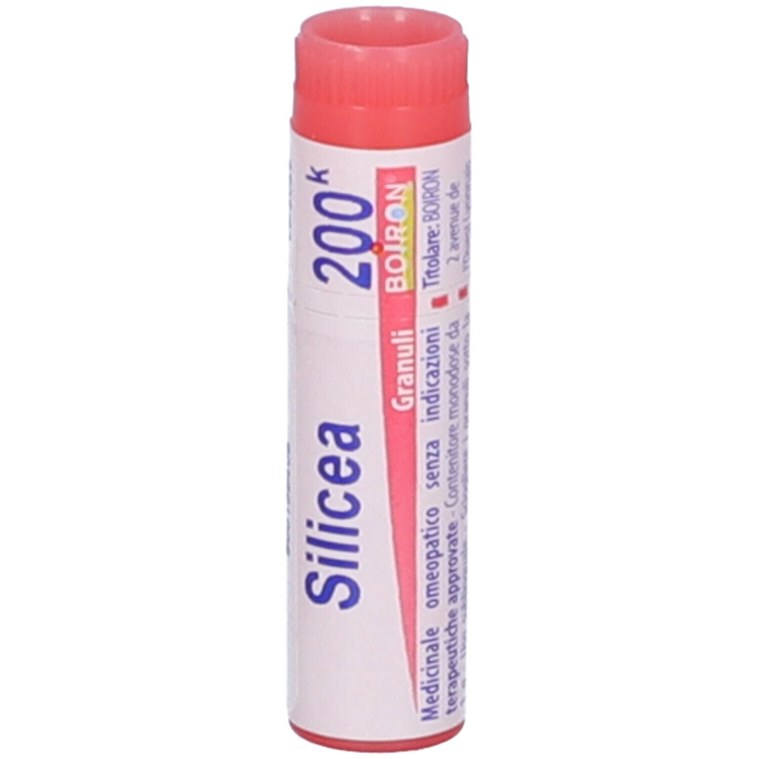 Confezione cilindrica, tappo rosso. Scritta: Silicea 200k, BOIRON. Etichetta bianca.