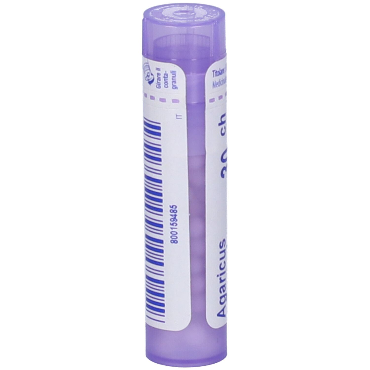 Confezione cilindrica con scritta Agaricus, 30 ch. Tappo viola. Codice a barre e testo.
