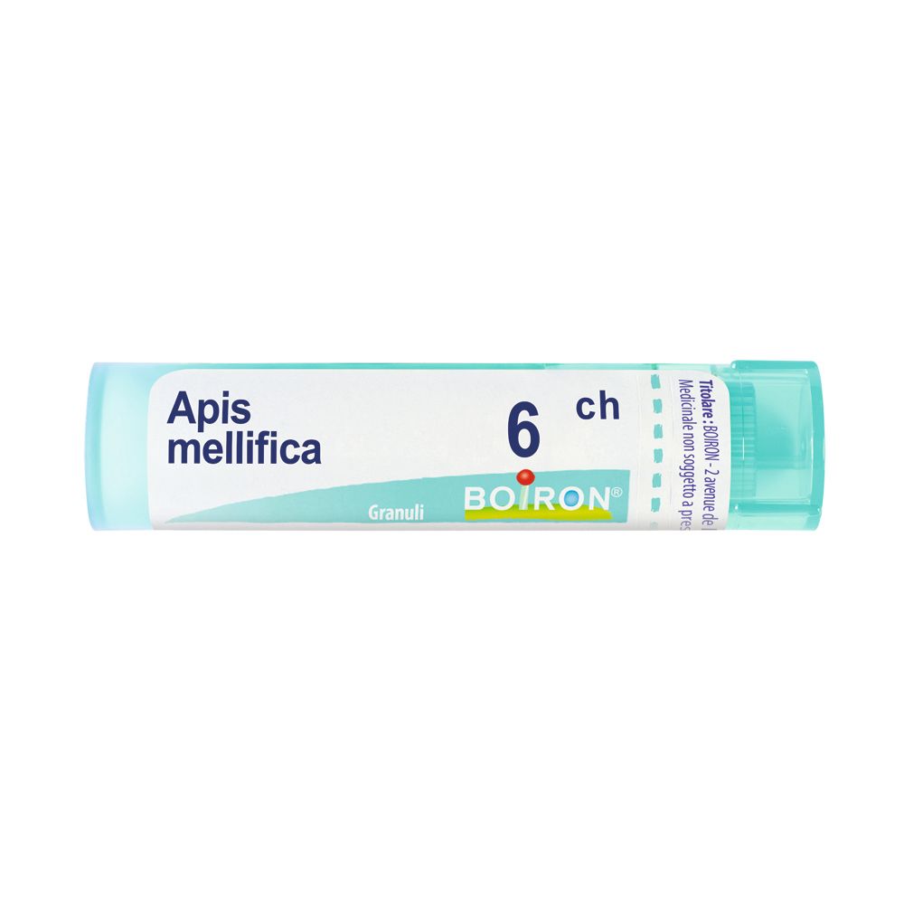 Confezione cilindrica con tappo blu. Scritta: Apis mellifica 6 ch, BOIRON. Granuli.