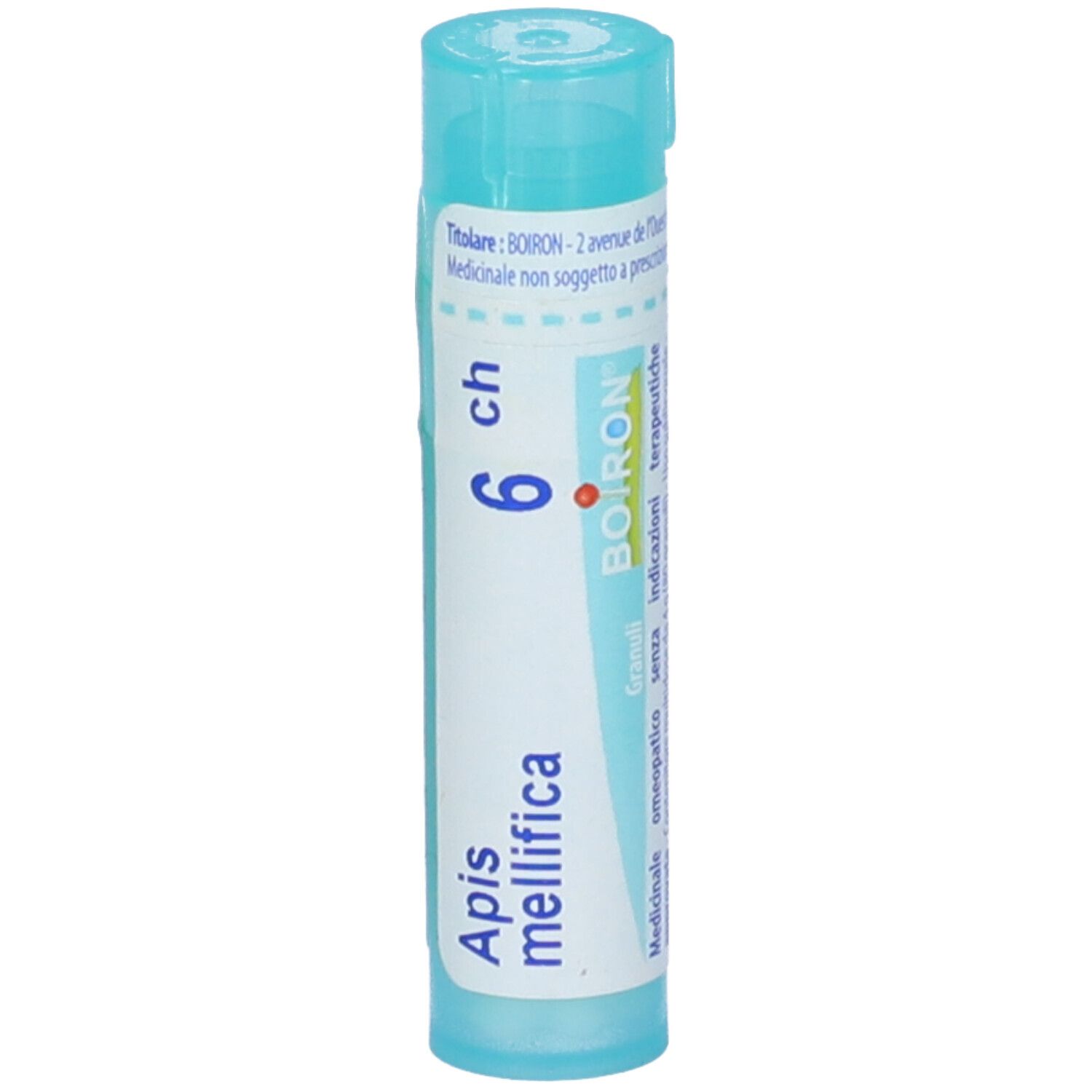 Confezione cilindrica con tappo blu. Scritta: Apis mellifica 6 ch, BOIRON. Granuli.