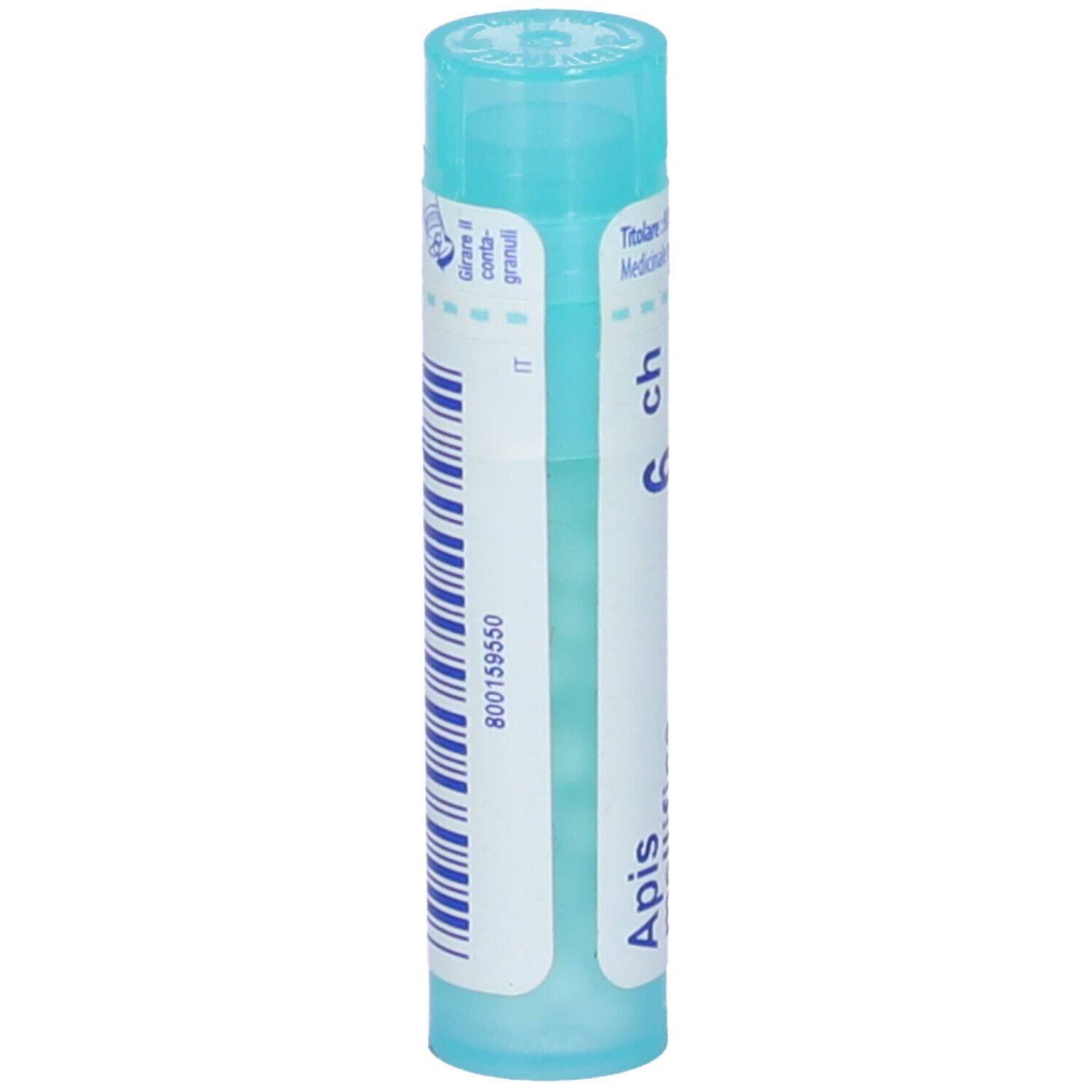 Confezione cilindrica con tappo blu. Scritta: Apis mellifica 6 ch, BOIRON. Granuli. Codice a barre.