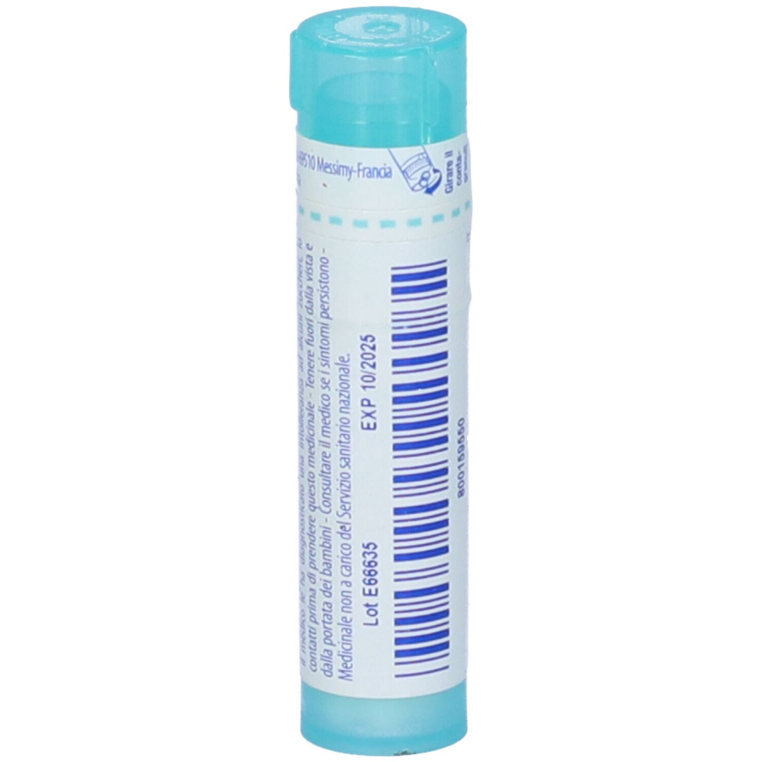 Confezione cilindrica con tappo blu. Scritta: Apis mellifica 6 ch, BOIRON. Scadenza.