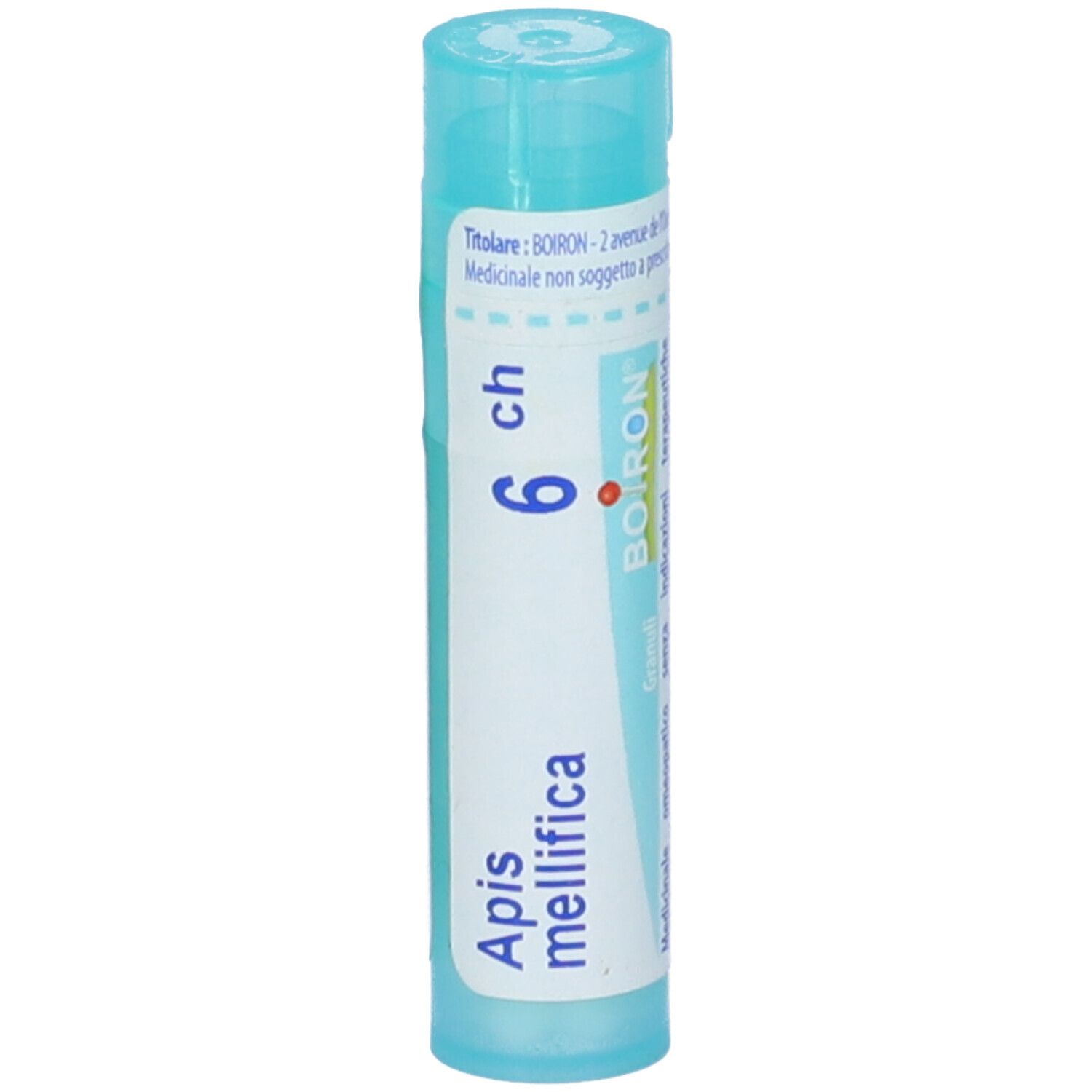 Confezione cilindrica con tappo blu. Scritta: Apis mellifica 6 ch, BOIRON. Granuli.