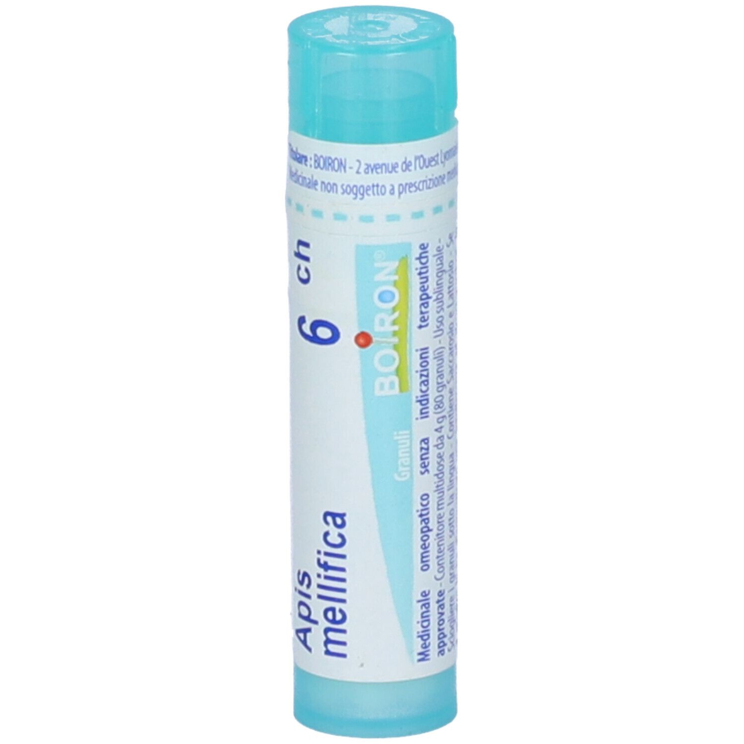 Confezione cilindrica con tappo blu. Scritta: Apis mellifica 6 ch, BOIRON. Granuli.