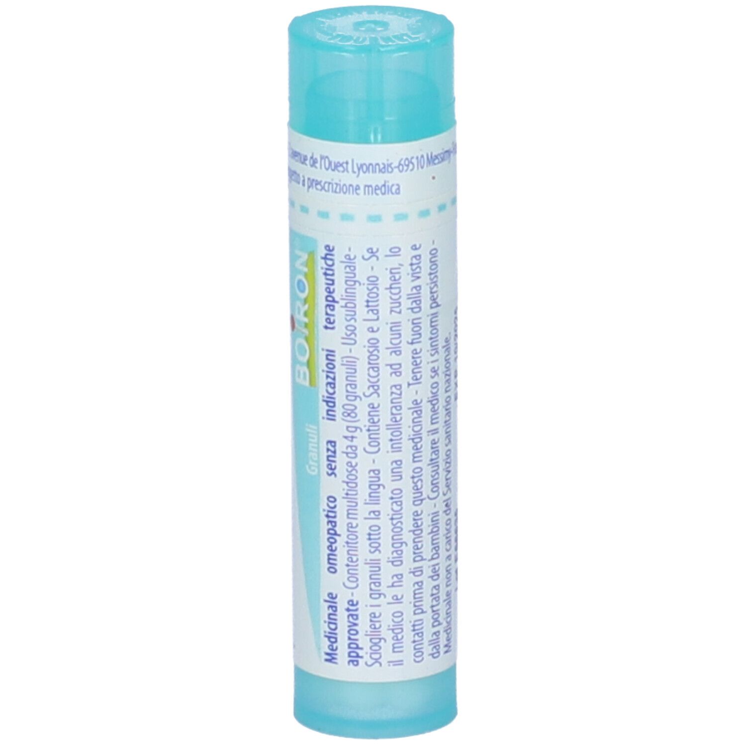 Confezione cilindrica con tappo blu. Scritta: Apis mellifica 6 ch, BOIRON. Granuli.