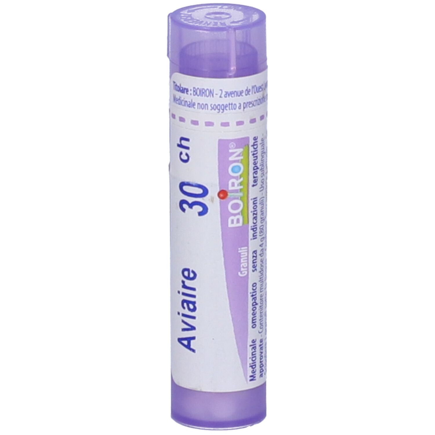 Confezione cilindrica 'Aviaire 30 ch'. Tappo viola. Marchio BOIRON. Testo sulla confezione.