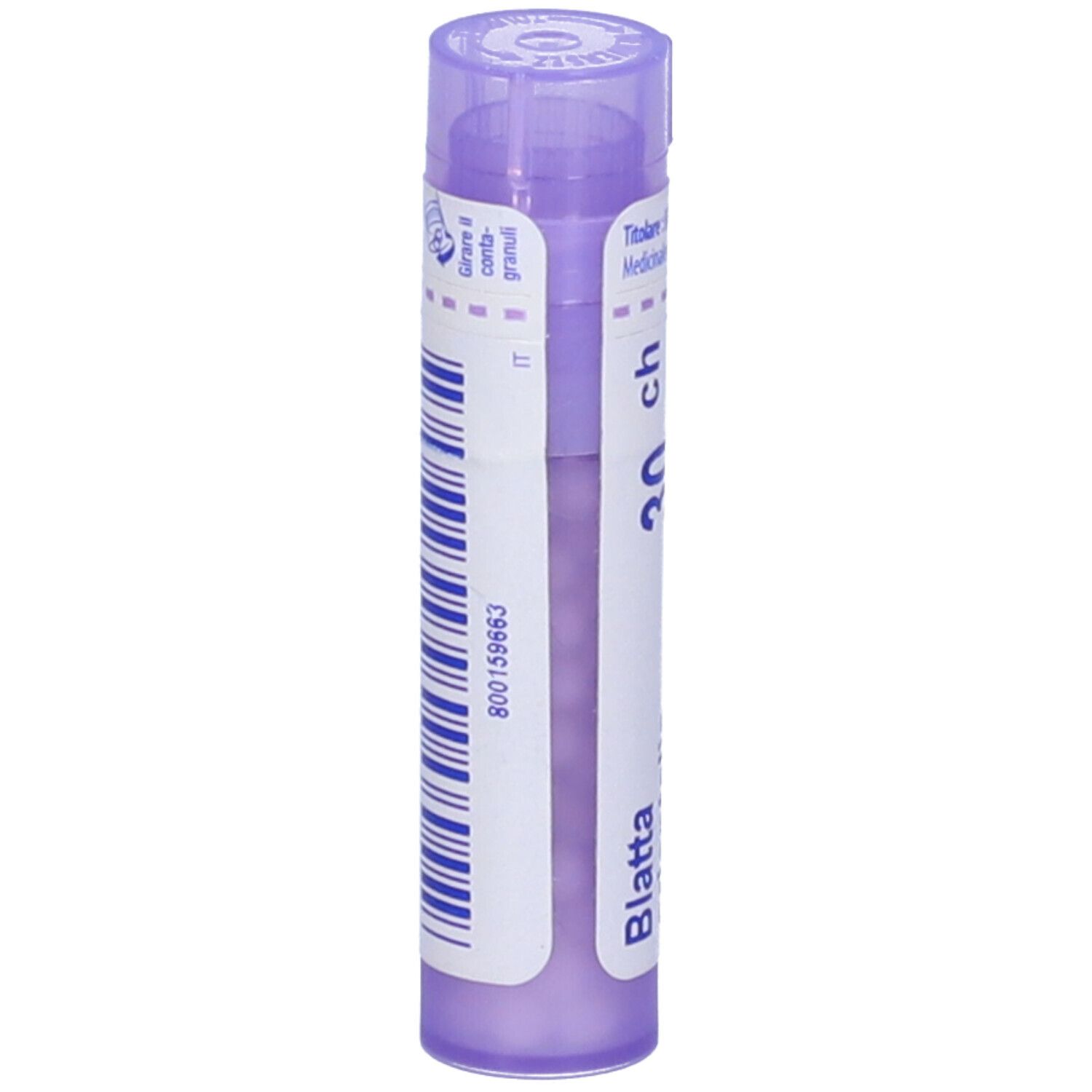 Tubo viola con etichetta bianca. Scritta: Blatta, 30 ch. Codice a barre e numero di lotto. Vista dall'alto.