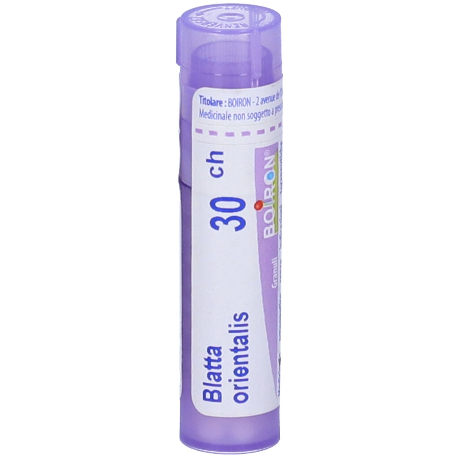 Tubo viola con etichetta bianca. Scritta: Blatta orientalis, 30 ch, BOIRON. Granuli. Vista dall'alto.