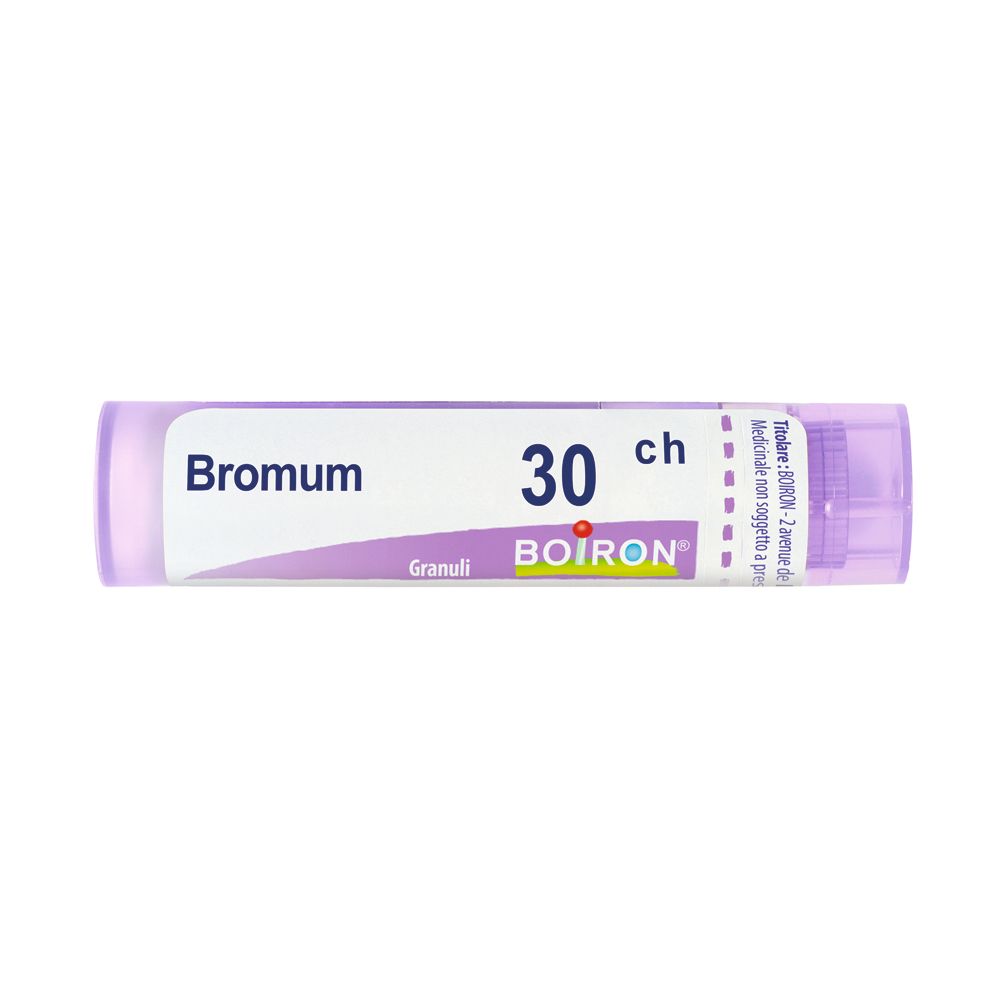 Confezione cilindrica viola con etichetta bianca. Scritta: Bromum 30 ch, Granuli, BOIRON.