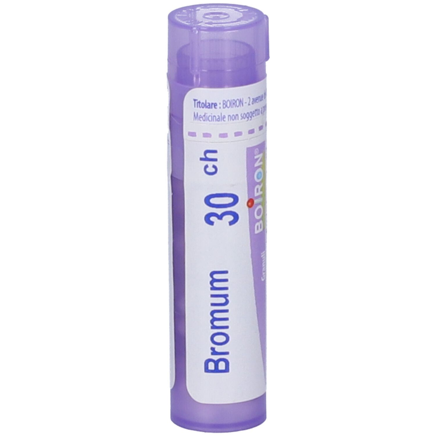 Confezione cilindrica viola. Scritta: Bromum 30 ch, BOIRON. Granuli visibili.