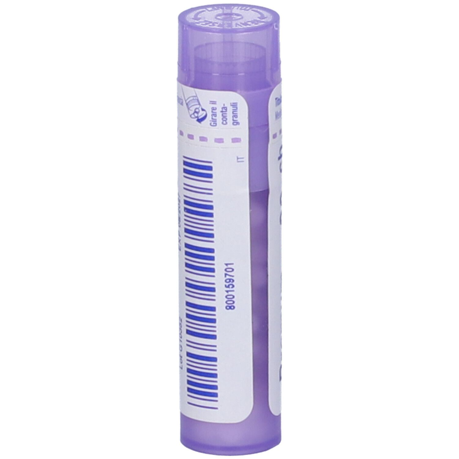 Confezione cilindrica viola. Codice a barre e testo stampati. Granuli visibili.
