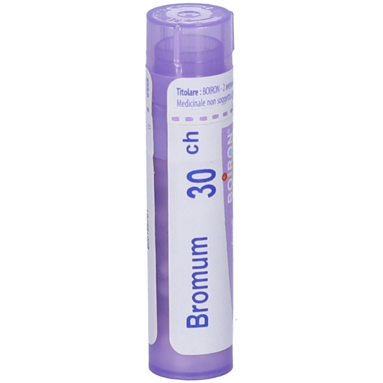 Confezione cilindrica viola. Scritta: Bromum 30 ch, BOIRON. Granuli visibili.