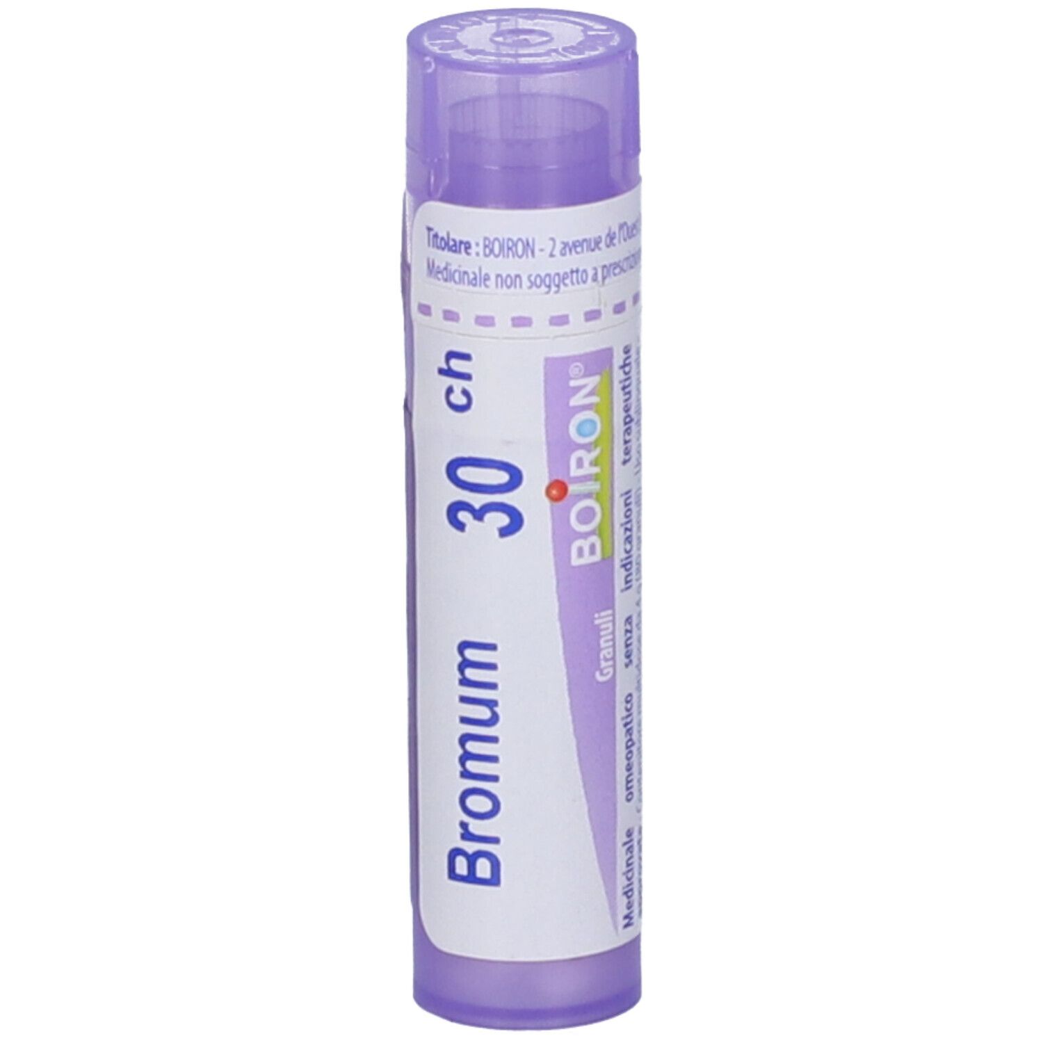 Confezione cilindrica viola. Scritta: Bromum 30 ch, BOIRON. Granuli, medicinale.