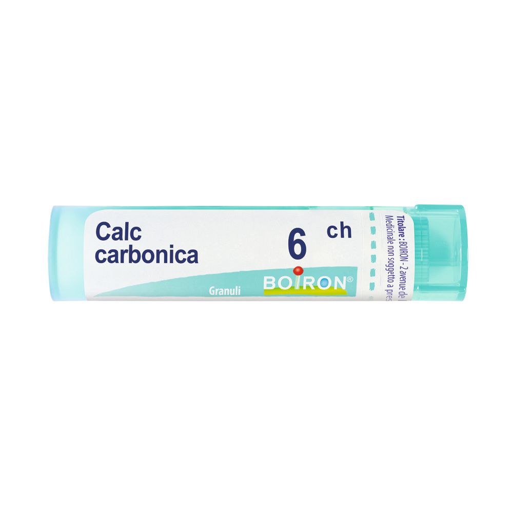 Confezione cilindrica con etichetta bianca. Scritta: Calc carbonica 6 ch, Granuli, BOIRON.