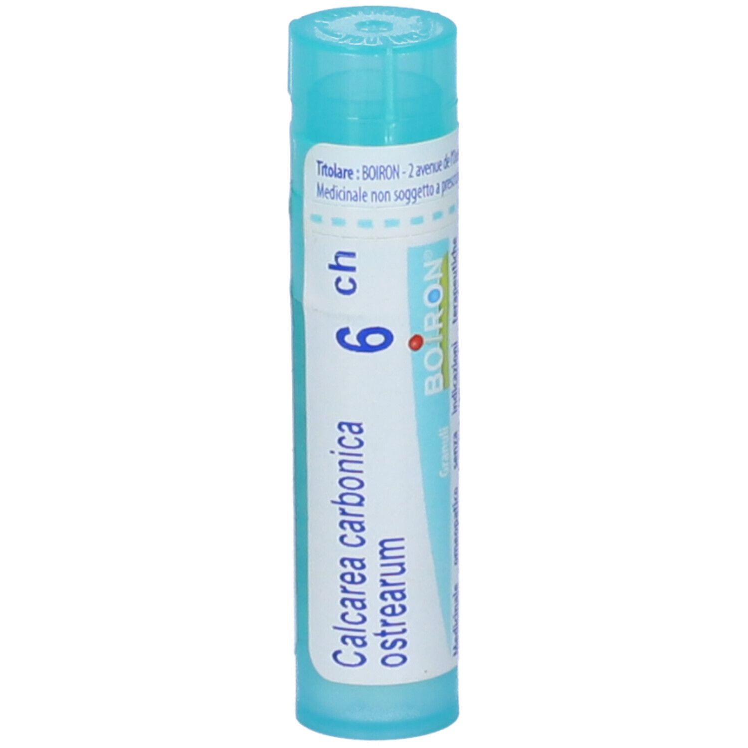 Confezione cilindrica, blu. Scritta: Calcarea carbonica ostrearum 6 ch, BOIRON.