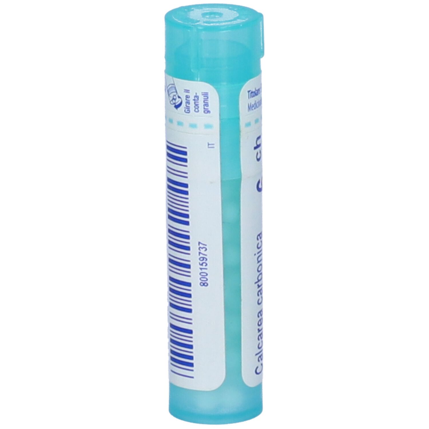 Confezione cilindrica, blu. Scritta: Calcarea carbonica ostrearum 6 ch, BOIRON.