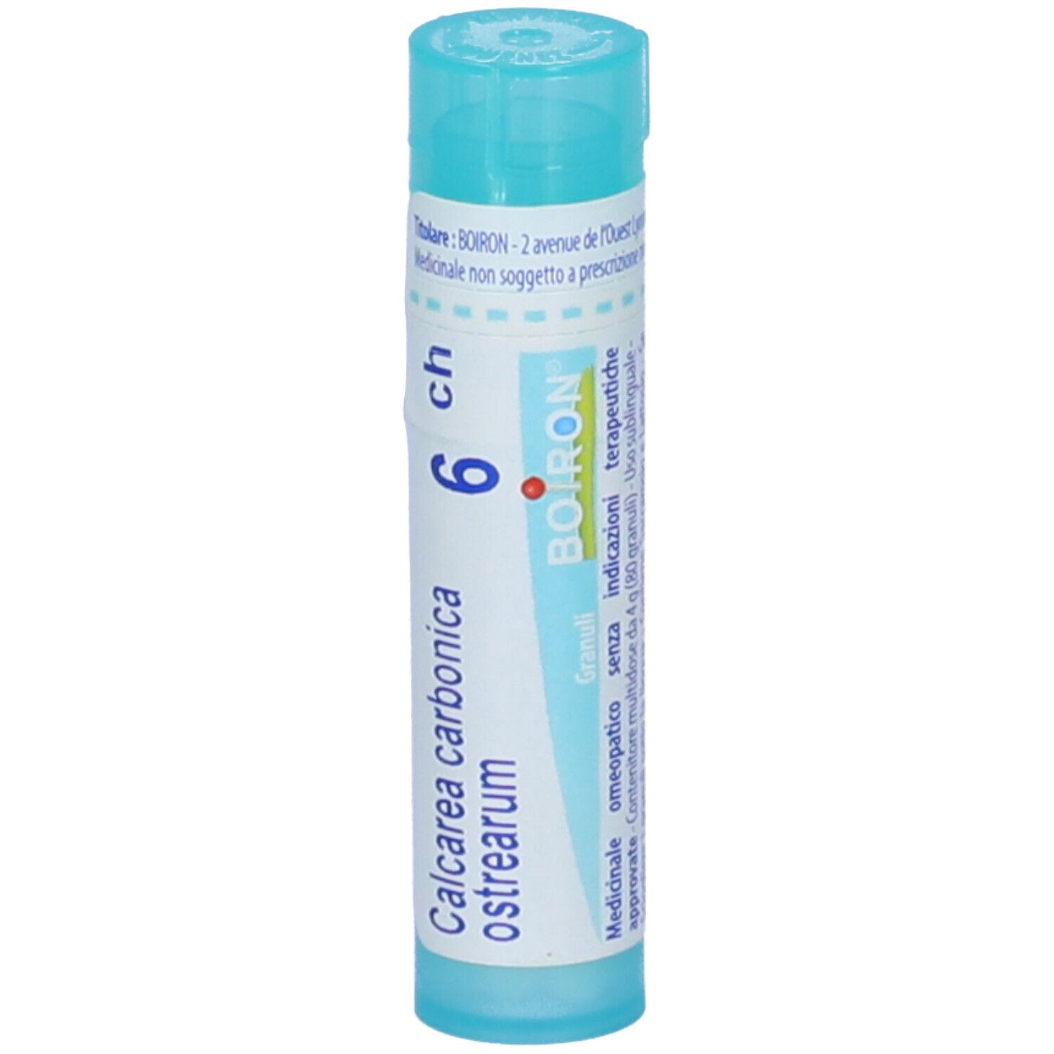 Confezione cilindrica, blu. Scritta: Calcarea carbonica ostrearum 6 ch, BOIRON.