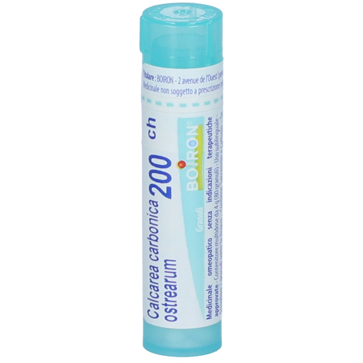 Confezione cilindrica con tappo blu. Scritta: Calcarea carbonica ostrearum 200 ch, BOIRON.