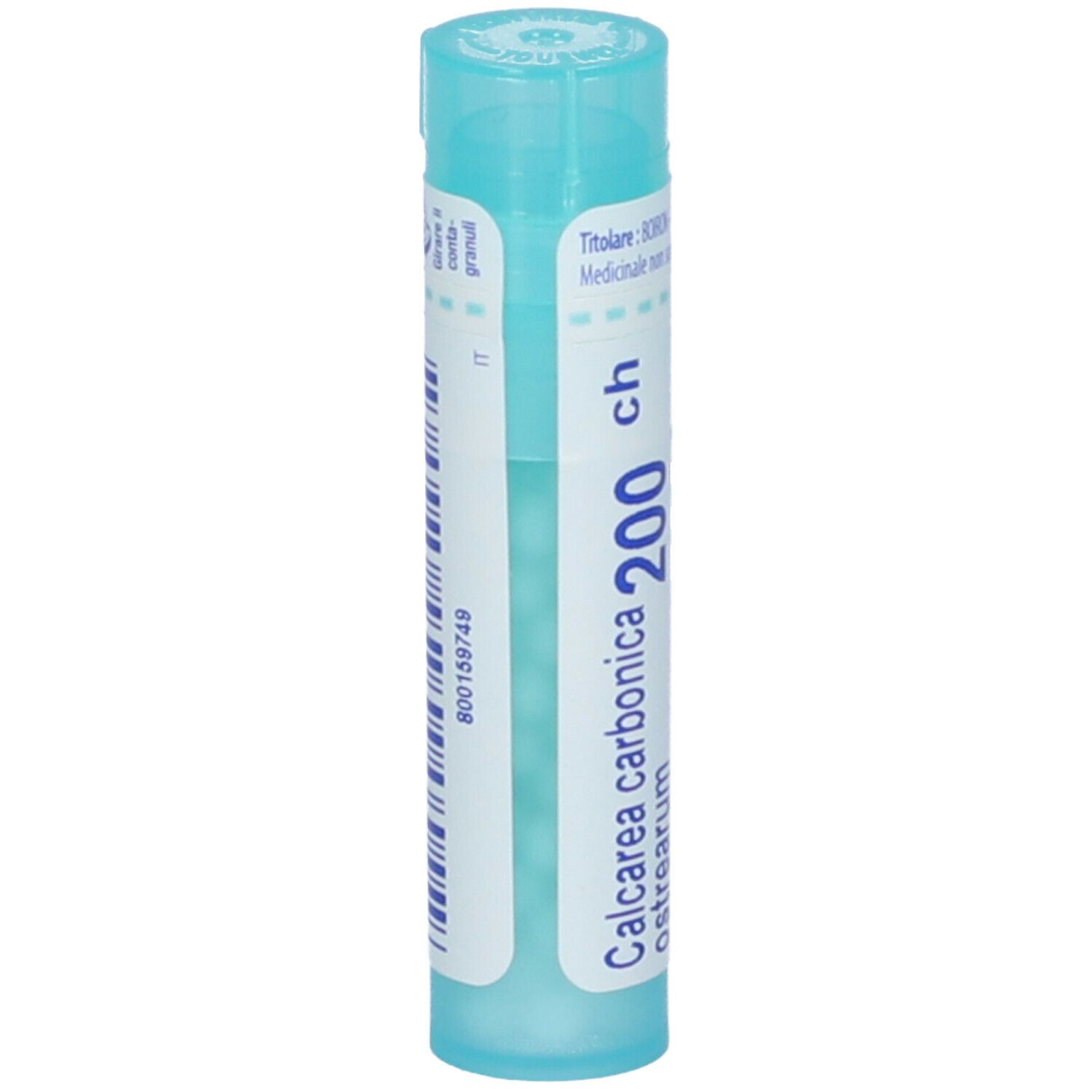 Confezione cilindrica con tappo blu. Scritta: Calcarea carbonica 200 ch ostrearum. Codice 800159749.