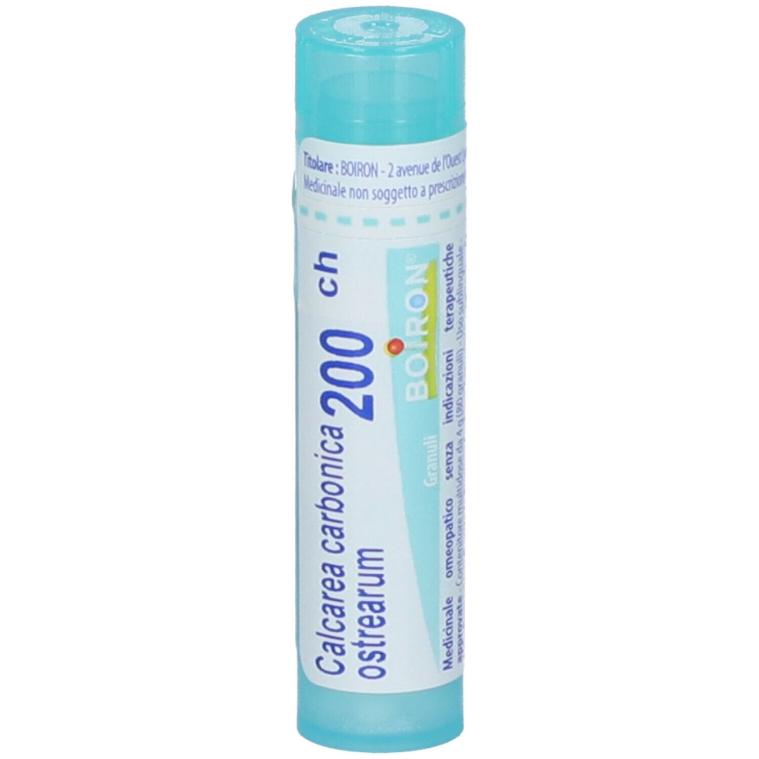 Confezione cilindrica con tappo blu. Scritta: Calcarea carbonica 200 ch ostrearum, BOIRON.