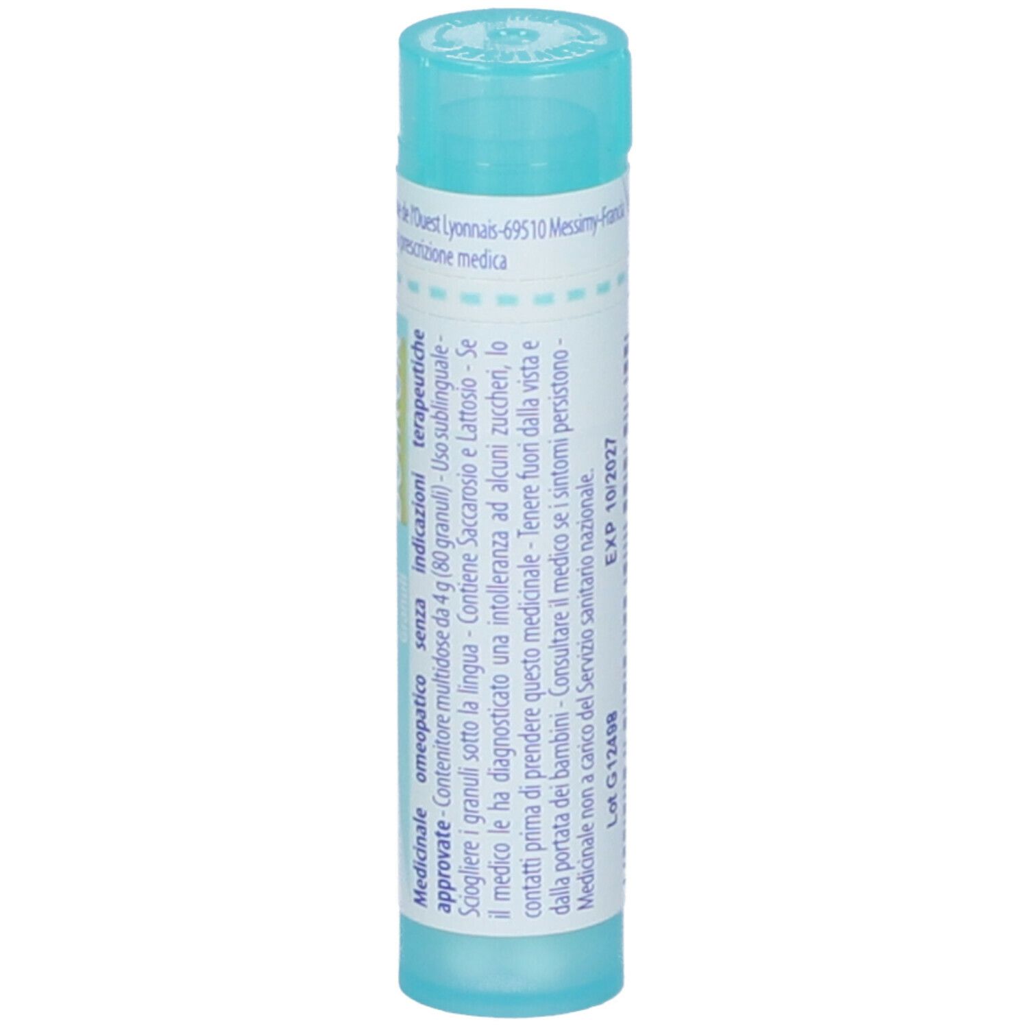 Confezione cilindrica con tappo blu. Scritta: Calcarea carbonica ostrearum 200 ch, BOIRON.
