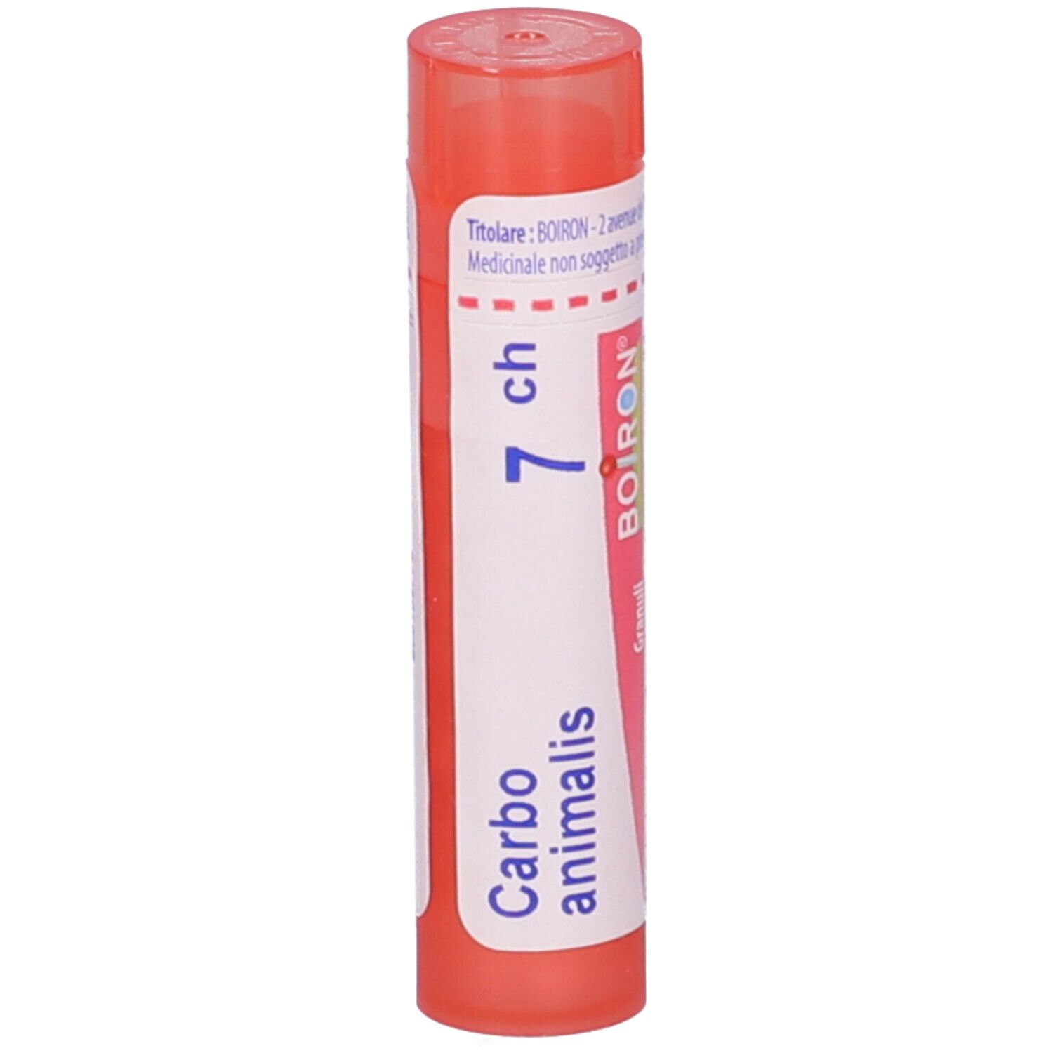 Confezione cilindrica con tappo rosa. Scritta: Carbo animalis 7 ch, BOIRON.