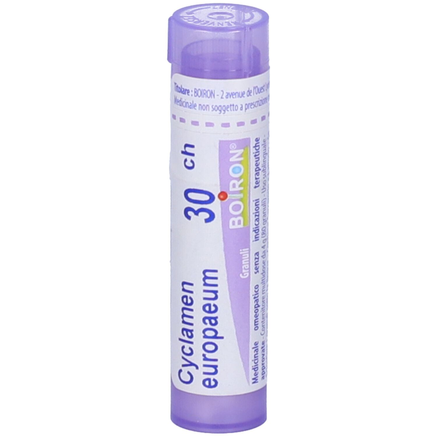 Tubo viola con granuli bianchi. Scritta: Cyclamen europaeum, 30 ch, BOIRON. Granuli.