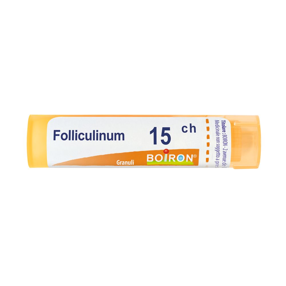 Confezione cilindrica gialla con etichetta bianca. Scritta: Folliculinum 15 ch, BOIRON, Granuli.