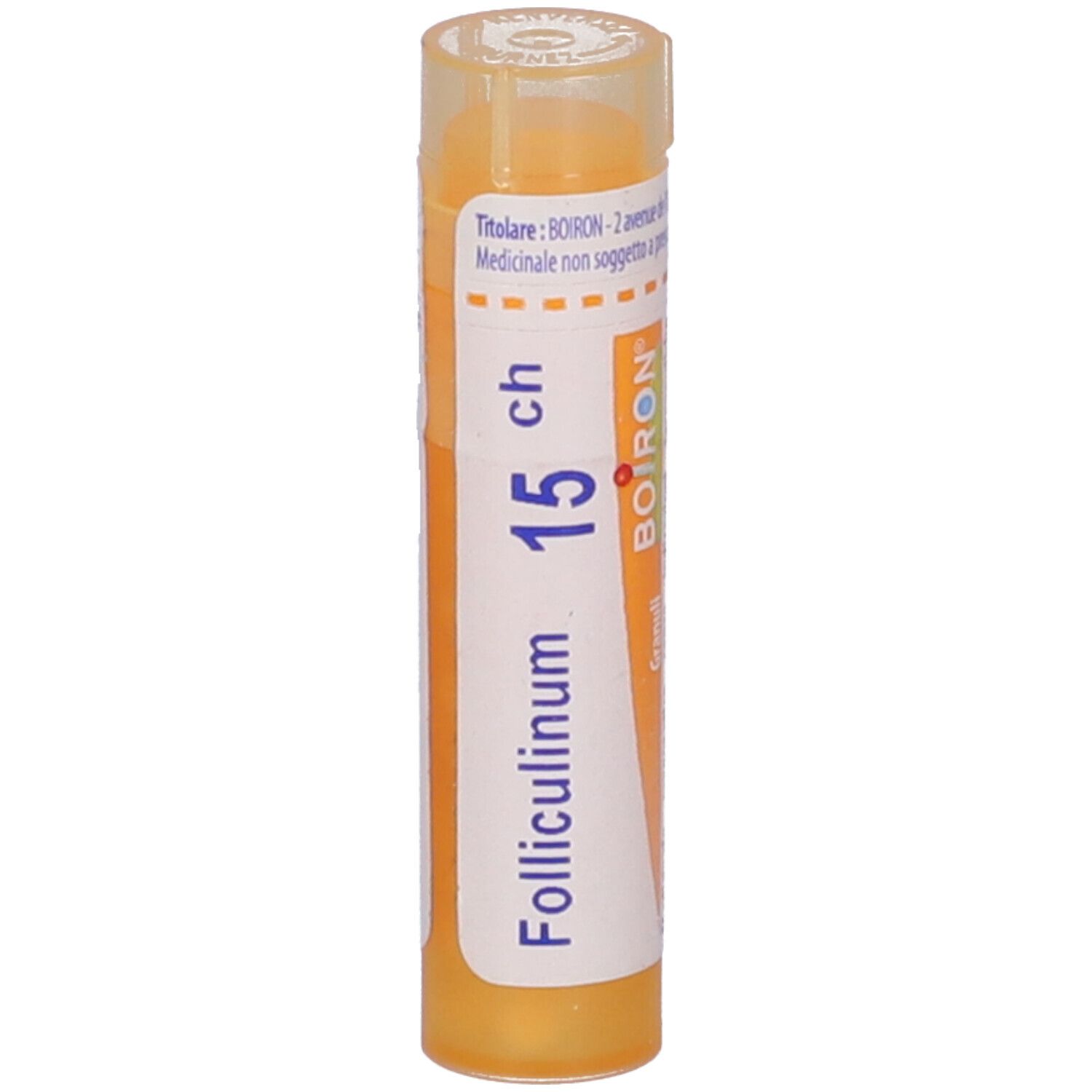 Confezione cilindrica gialla con etichetta bianca. Scritta: Folliculinum 15 ch, BOIRON, Granuli.