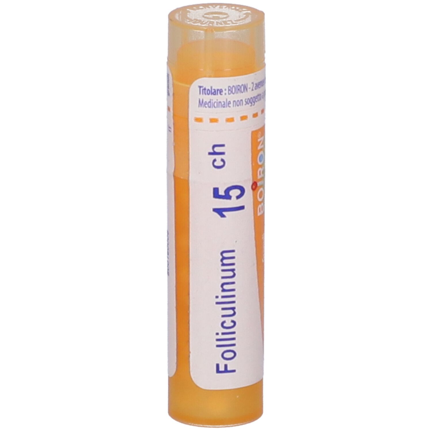 Confezione cilindrica gialla con etichetta bianca. Scritta: Folliculinum 15 ch, BOIRON.